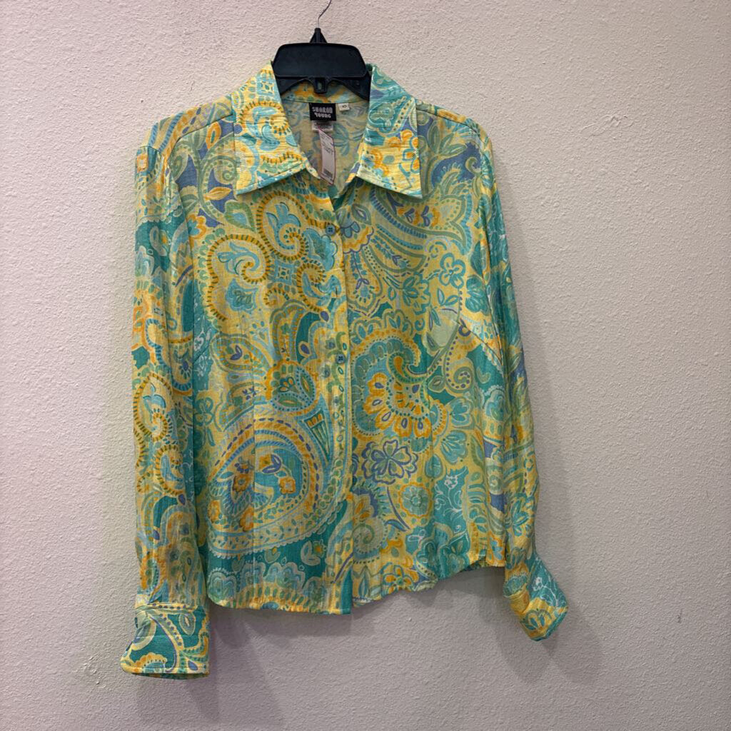 SHARON YOUNG,PATTERNED BUTTONUP TOP ,YEL/BLUE ,10