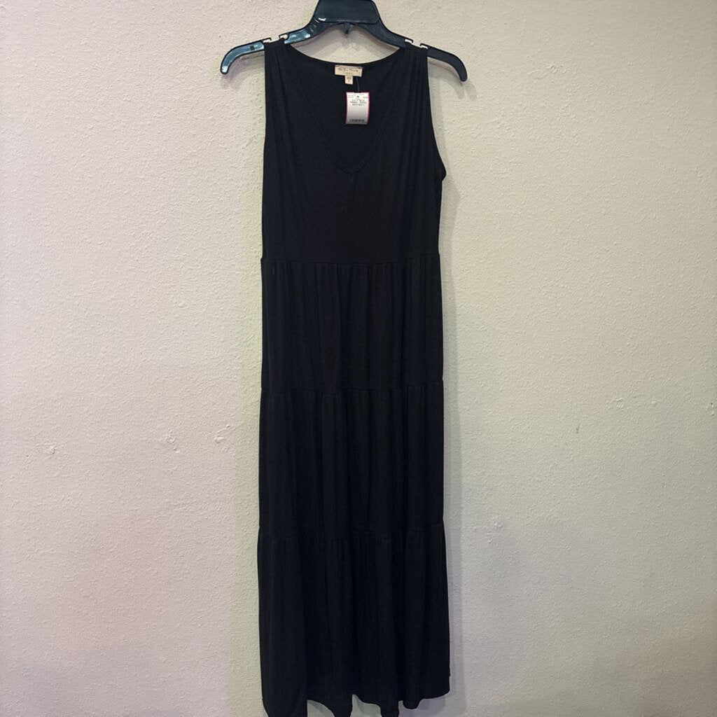 SEE YOU MONDAY,S/S V NECK RIBBED TIERED MAXI,BLK,L