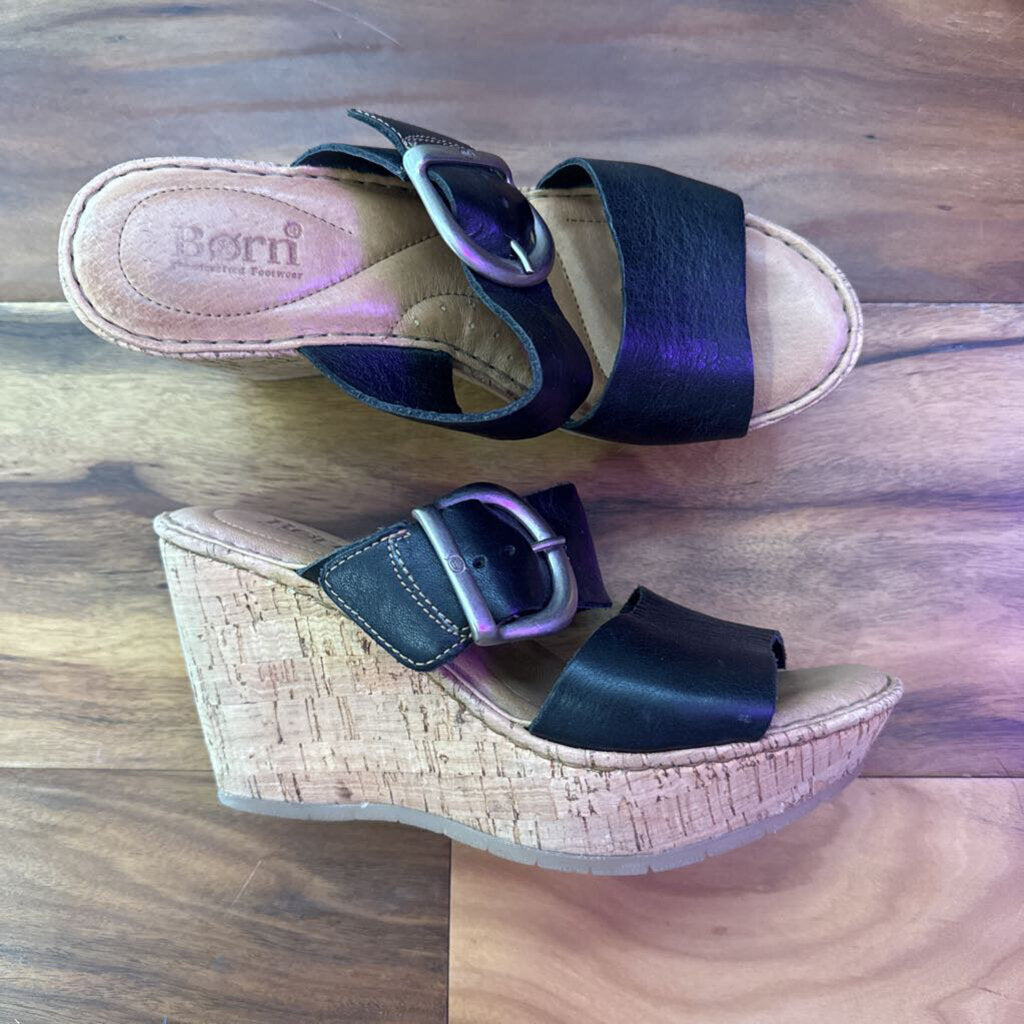 BORN,LEATHER WEDGE SANDAL ,BLK TAN ,6.5