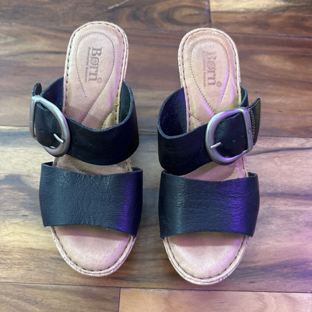 BORN,LEATHER WEDGE SANDAL ,BLK TAN ,6.5