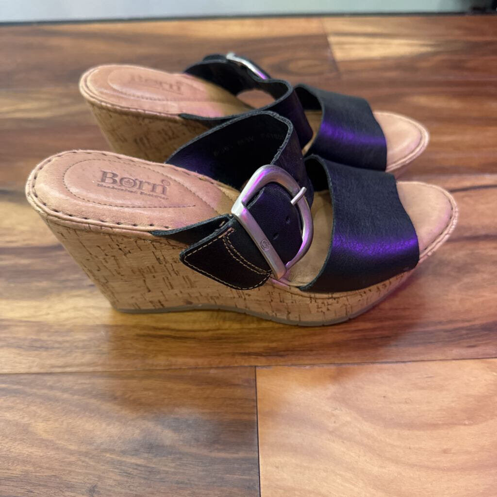 BORN,LEATHER WEDGE SANDAL ,BLK TAN ,6.5