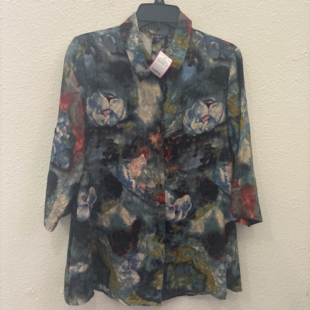SHANA,FLORAL PATTERNED BUTTONUP TOP,GREEN MULTI,S