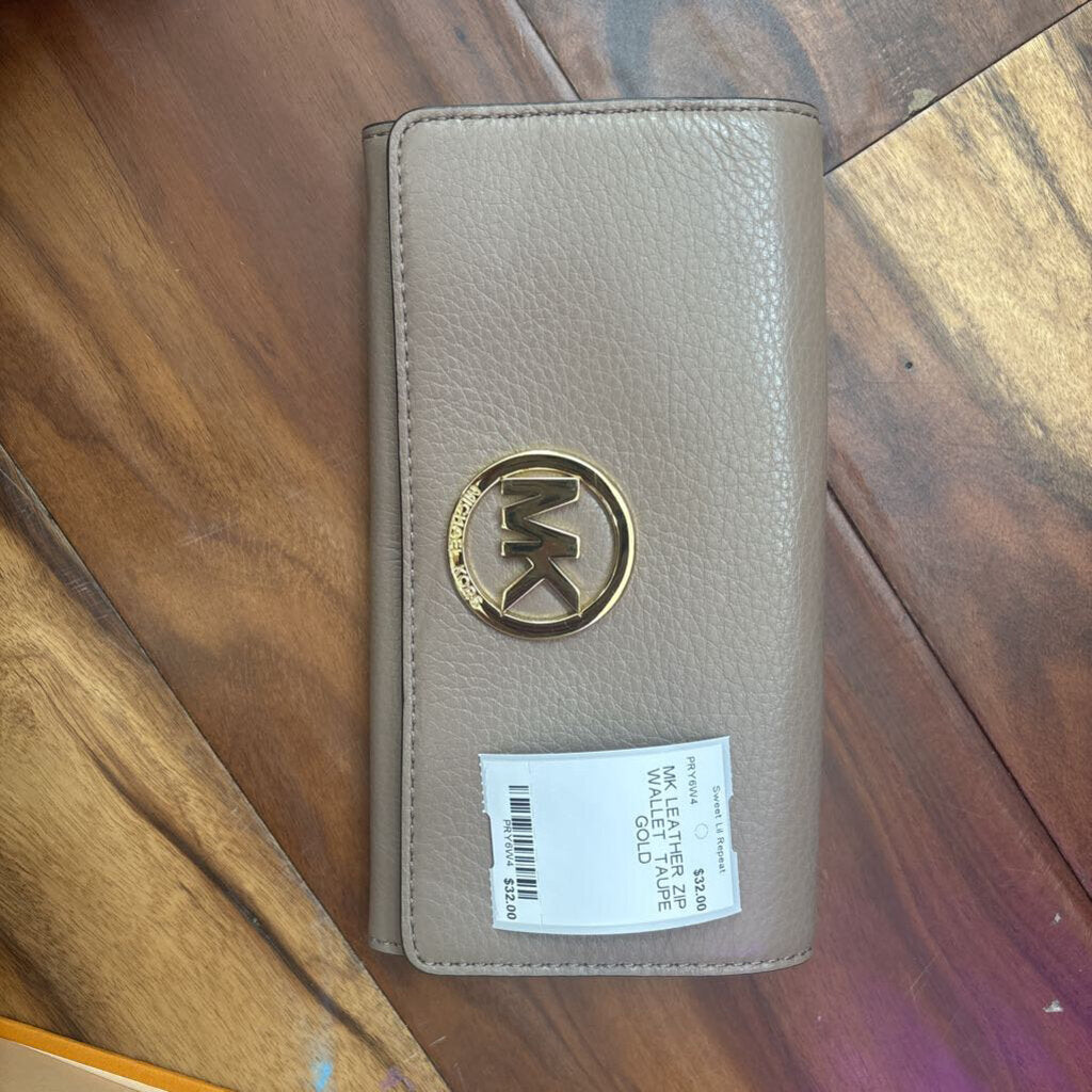 MICHAEL KORS,MK LEATHER ZIP WALLET ,TAUPE GOLD