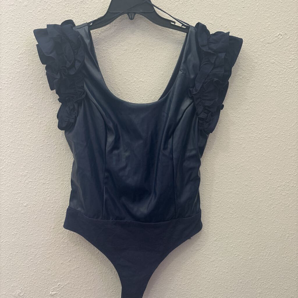 TCEC,RUFFLED SLEEVE LEATHER BODYSUIT,NAVY,L