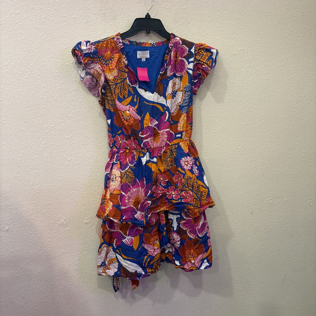 SUGARLIPS,VNECK FLORAL DRESS W/ RUFFLE ,ORANGE/PINK,XL