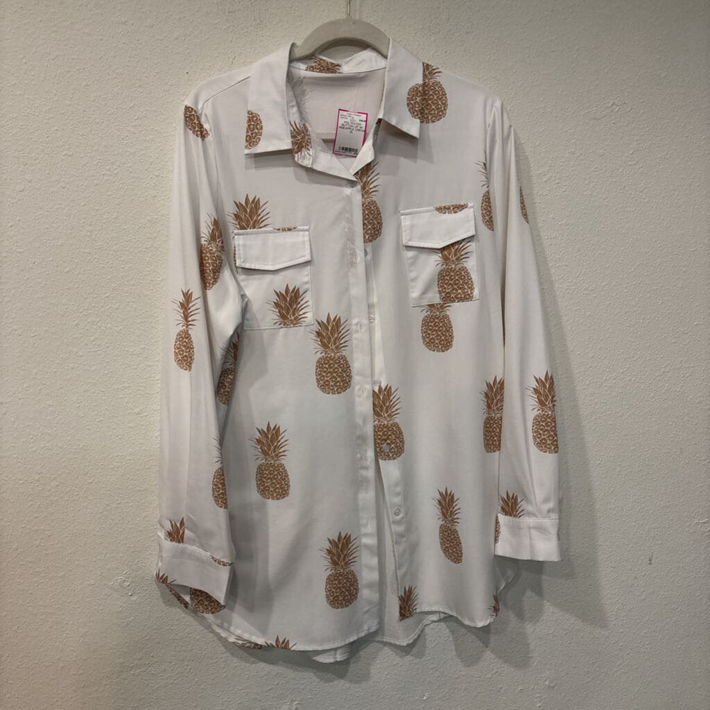 POLYESTER BUTTON UP W/ PINEAPPLE,CREAM,XL
