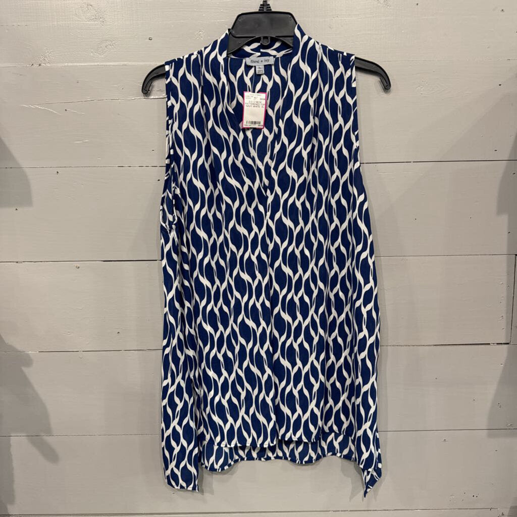 S/S V NECK PATTERENED TOP ,NAVY WHITE ,XL