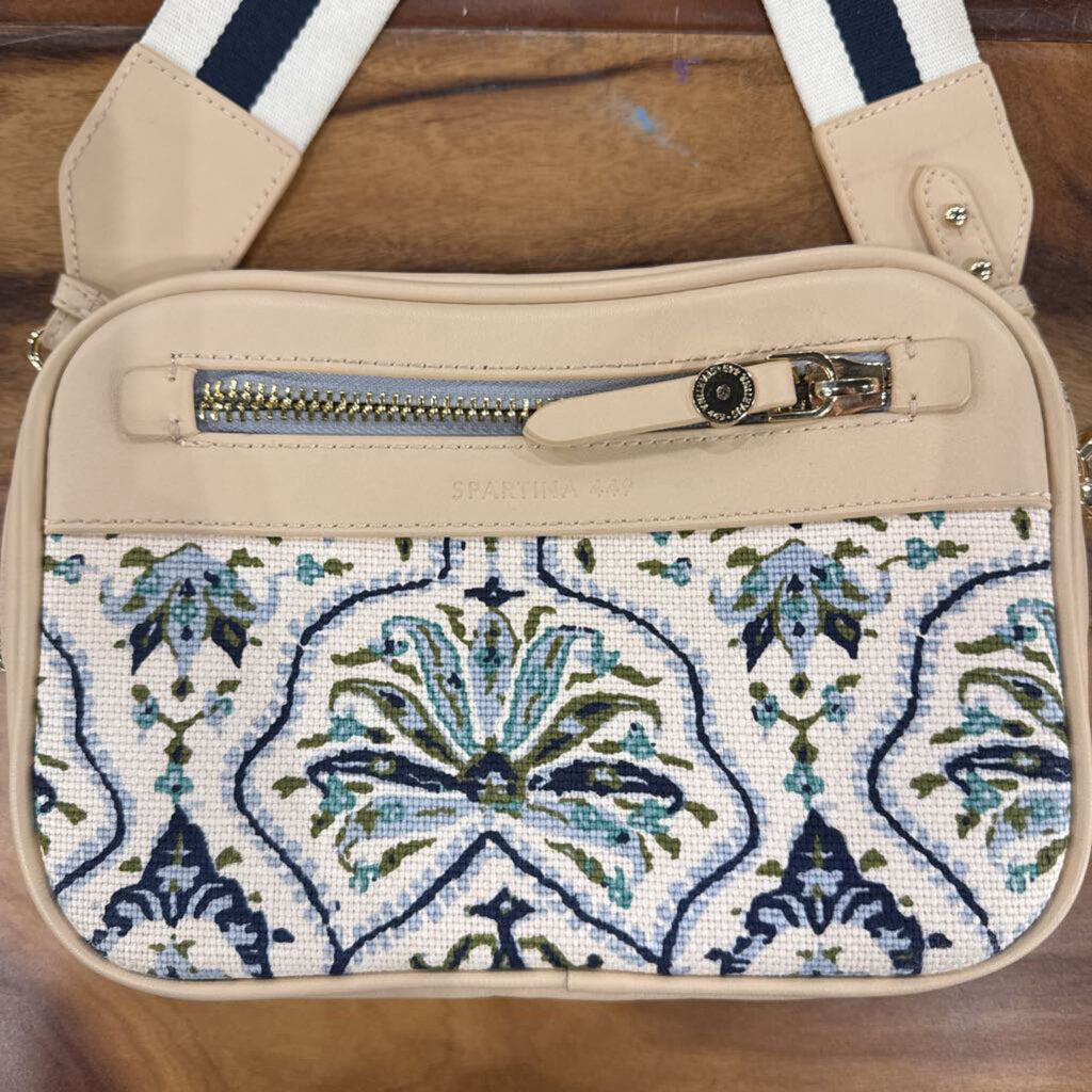 SPARTINA,PATTERNED LEATHER CROSSBODY ,TAN BLLUE GREEN