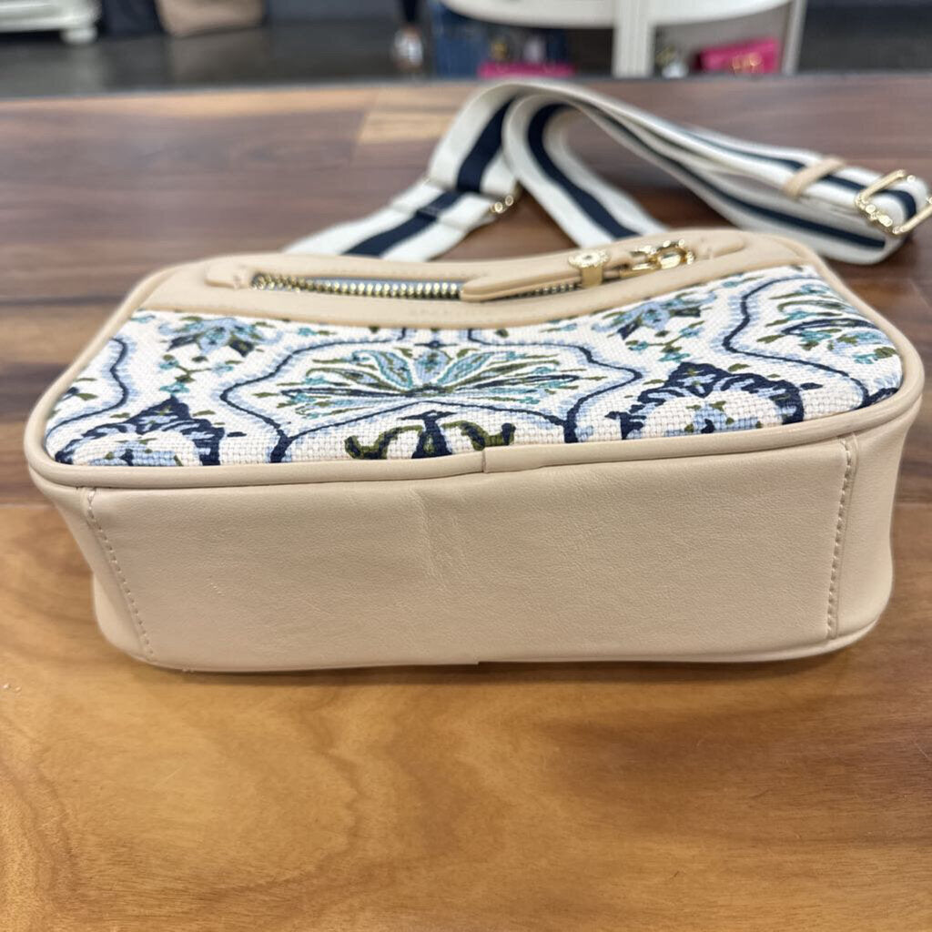 SPARTINA,PATTERNED LEATHER CROSSBODY ,TAN BLLUE GREEN