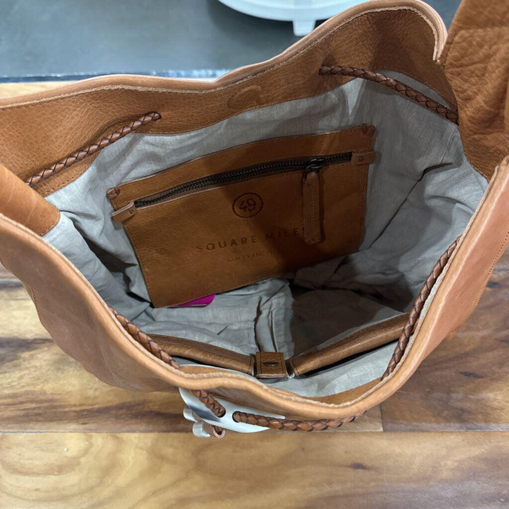 SQUARE MILES,GREER DRWASTRING LEATHER HOBO BAG ,CAMEL