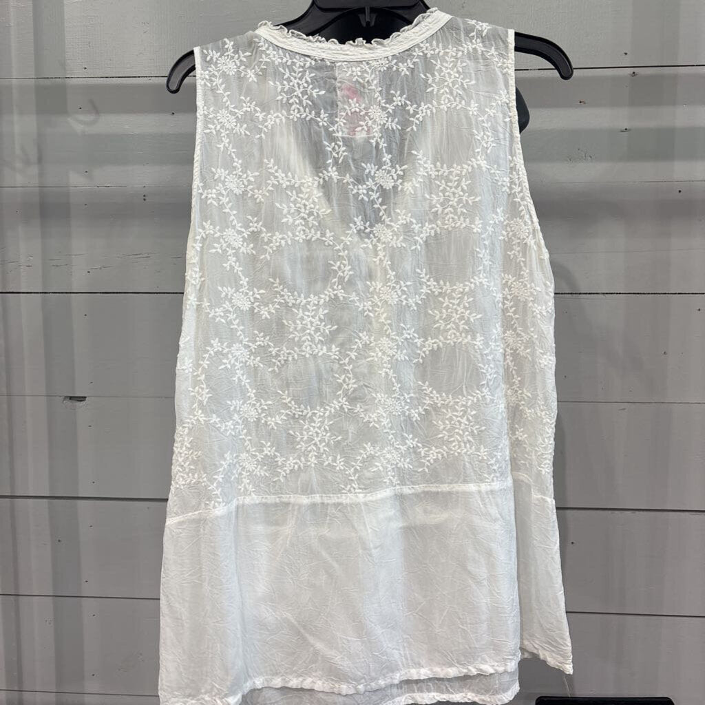 JOHNNY WAS,S/S FLORAL SHEER TANK TOP,WHT,M