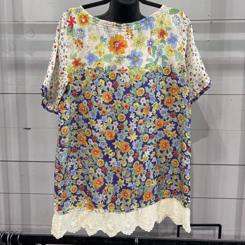 JOHNNY WAS,S/S FLORAL BLOUSE ,MULTI,M