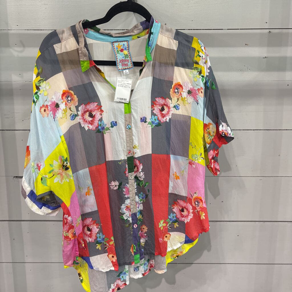 JOHNNY WAS,FLORAL CHECK BLOUSE,MULTI,M