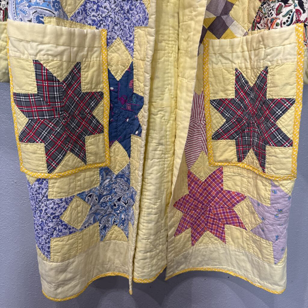 QUILTED THREADS,HANDMADE QUILTED LONG COAT KIMONO ,BLUE PINK WHT ,S/M