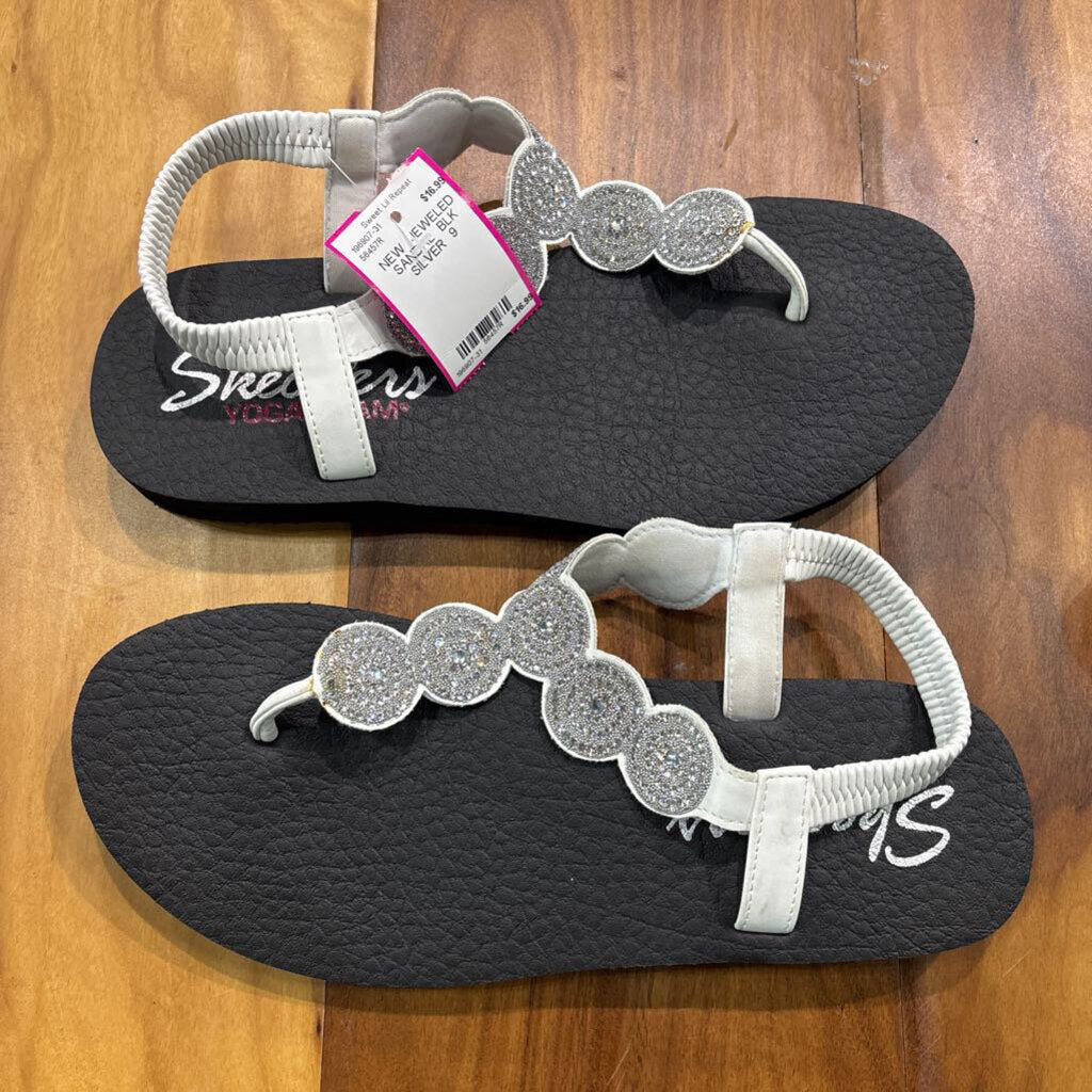 SKETCHER,NEW JEWELED SANDAL ,BLK SILVER ,9