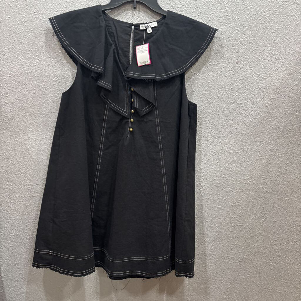 MIOU MUSE,NWT RUFFLED S/S DENIM TUNIC ,BLK,M