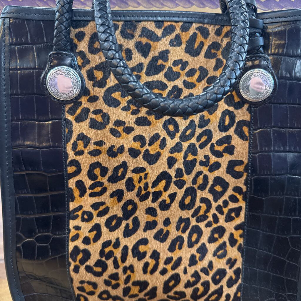 BRIGHTON,BRIGHTON LEATHER HID HANDBAG,BLK LEOPARD