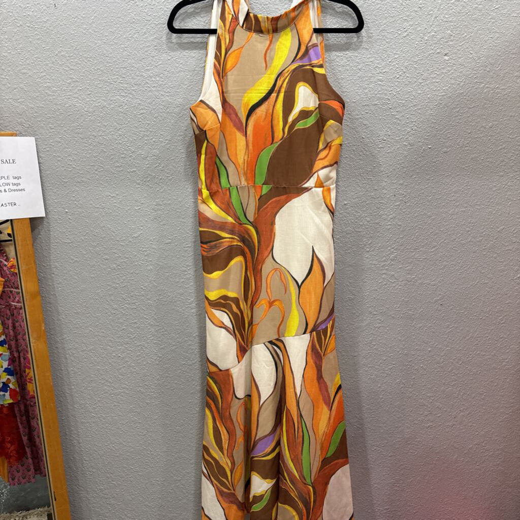 SAM EDELMAN,NWT LONG HALTER PATTERNED DRESS,BEIGE MULTI,M