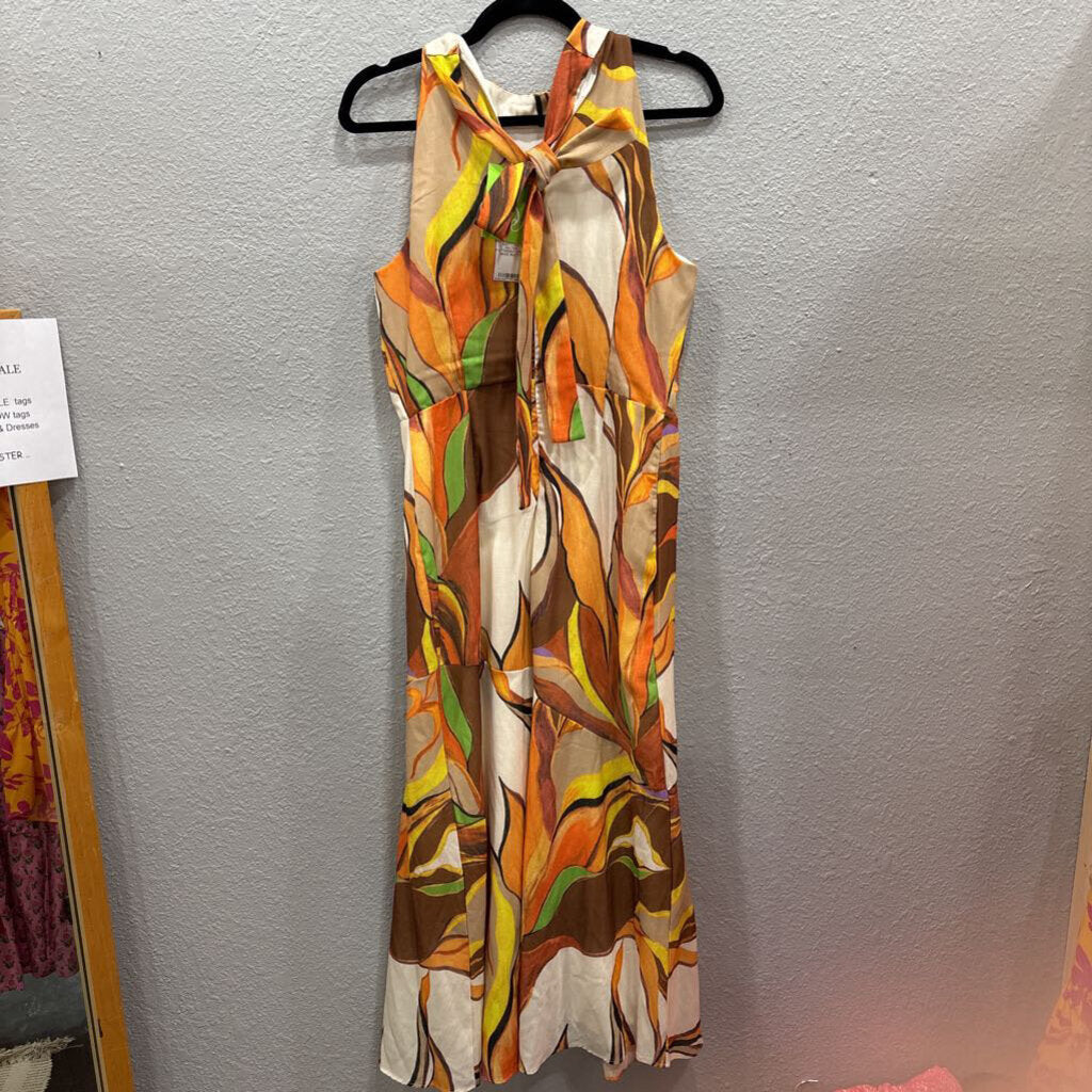 SAM EDELMAN,NWT LONG HALTER PATTERNED DRESS,BEIGE MULTI,M