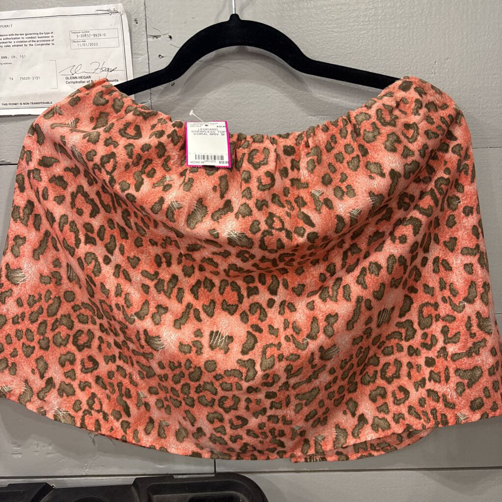 TYCHE,LEOPARD STRAPLESS TOP ,CORAL BRN ,M