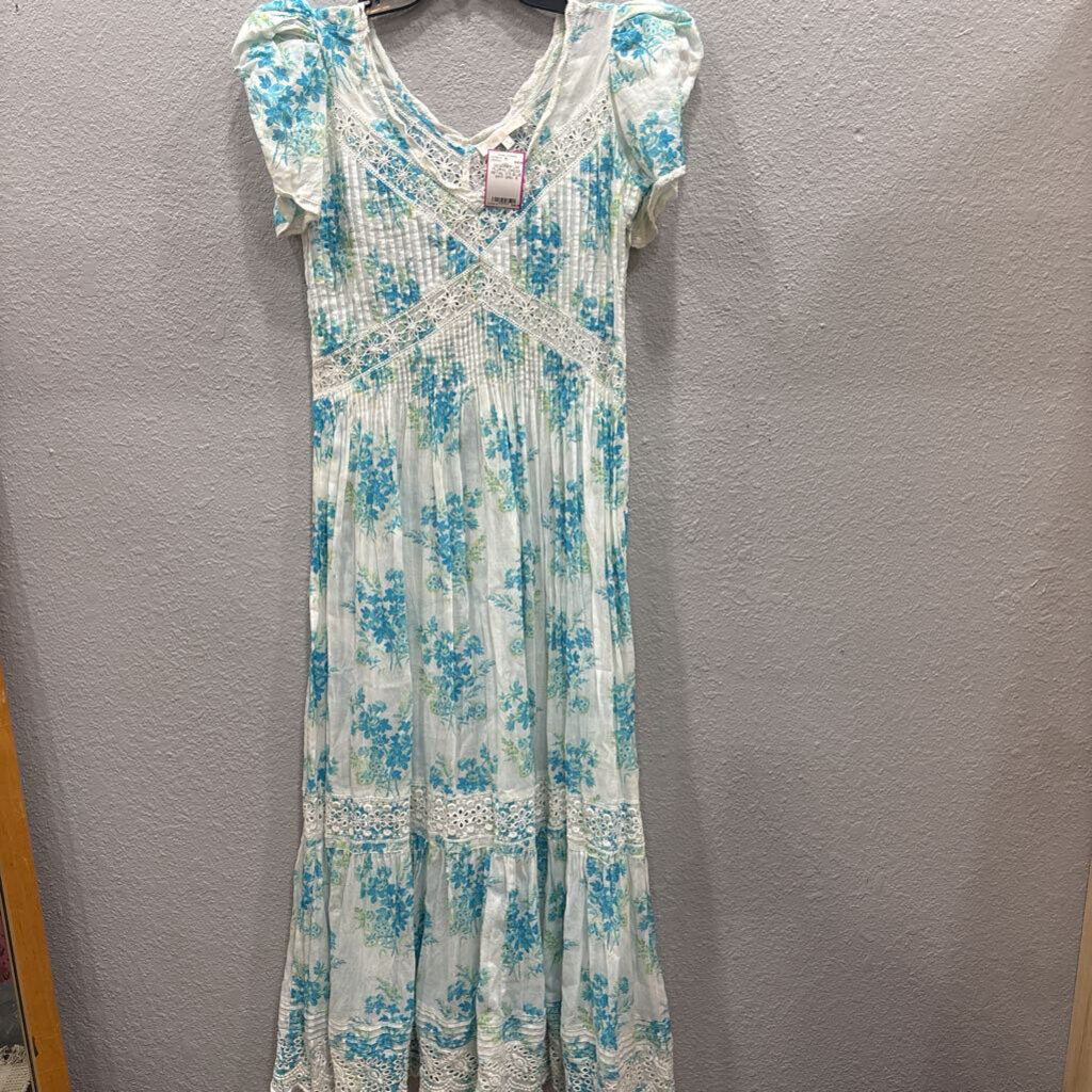 LOVE SHACK FANCY,DESIGNER LSF FLORAL DRESS RETAIL 375,BLUE WHT GRN ,6