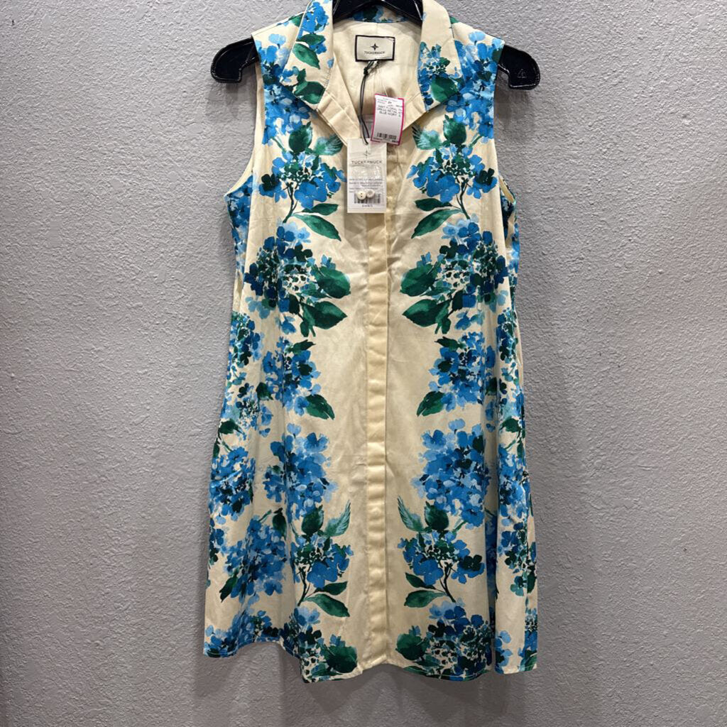 TUCKERNUCK,NWT FLORAL TN DRESS RETAIL 475,BLUE IVORY ,S