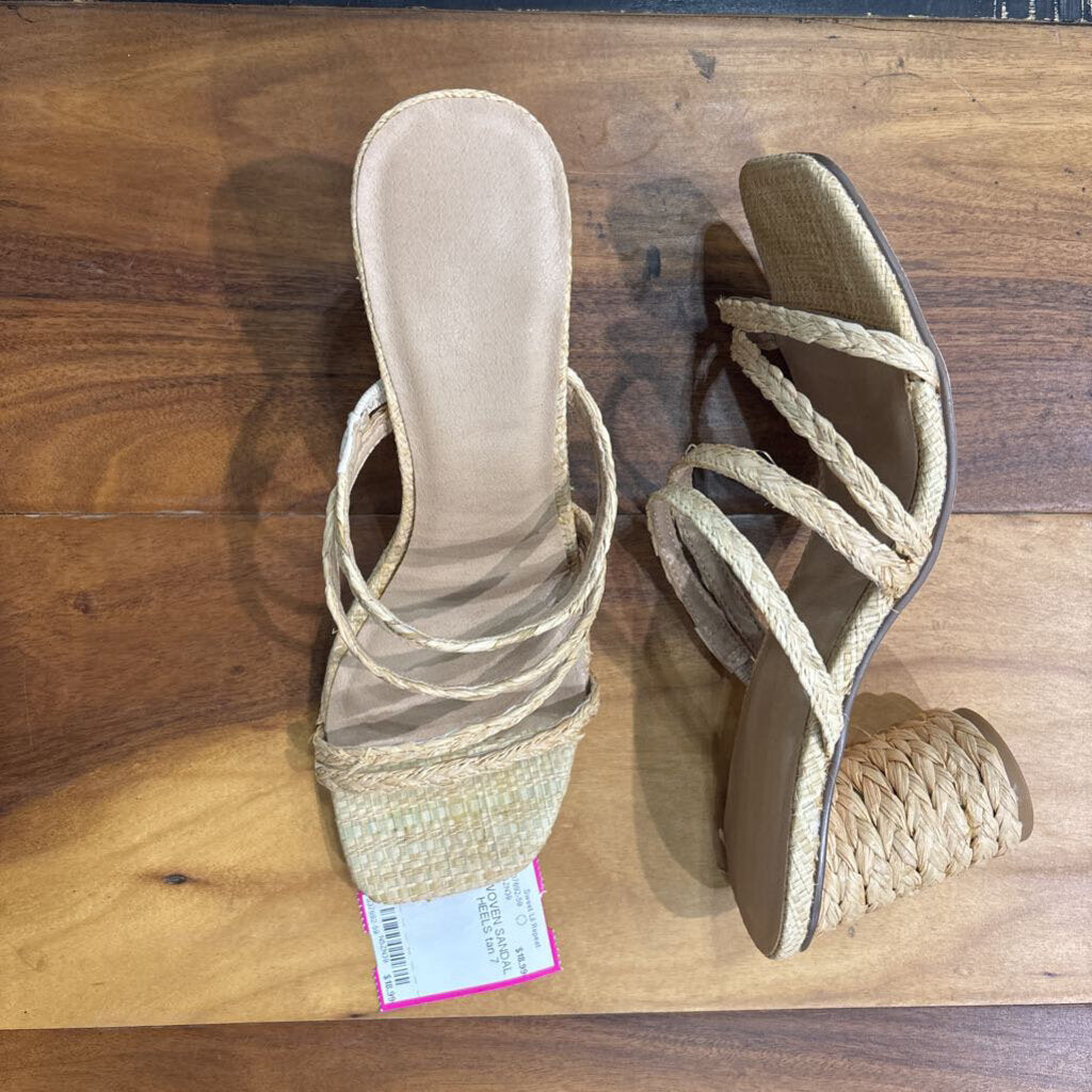 WOVEN SANDAL HEELS,tan,7