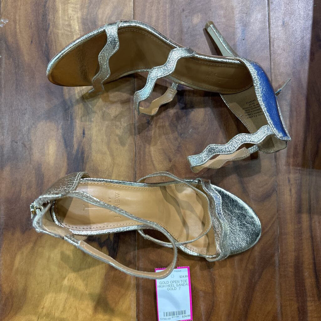 J CREW,GOLD OPEN TOE HIGH HEEL SANDAL ,GOLD ,7