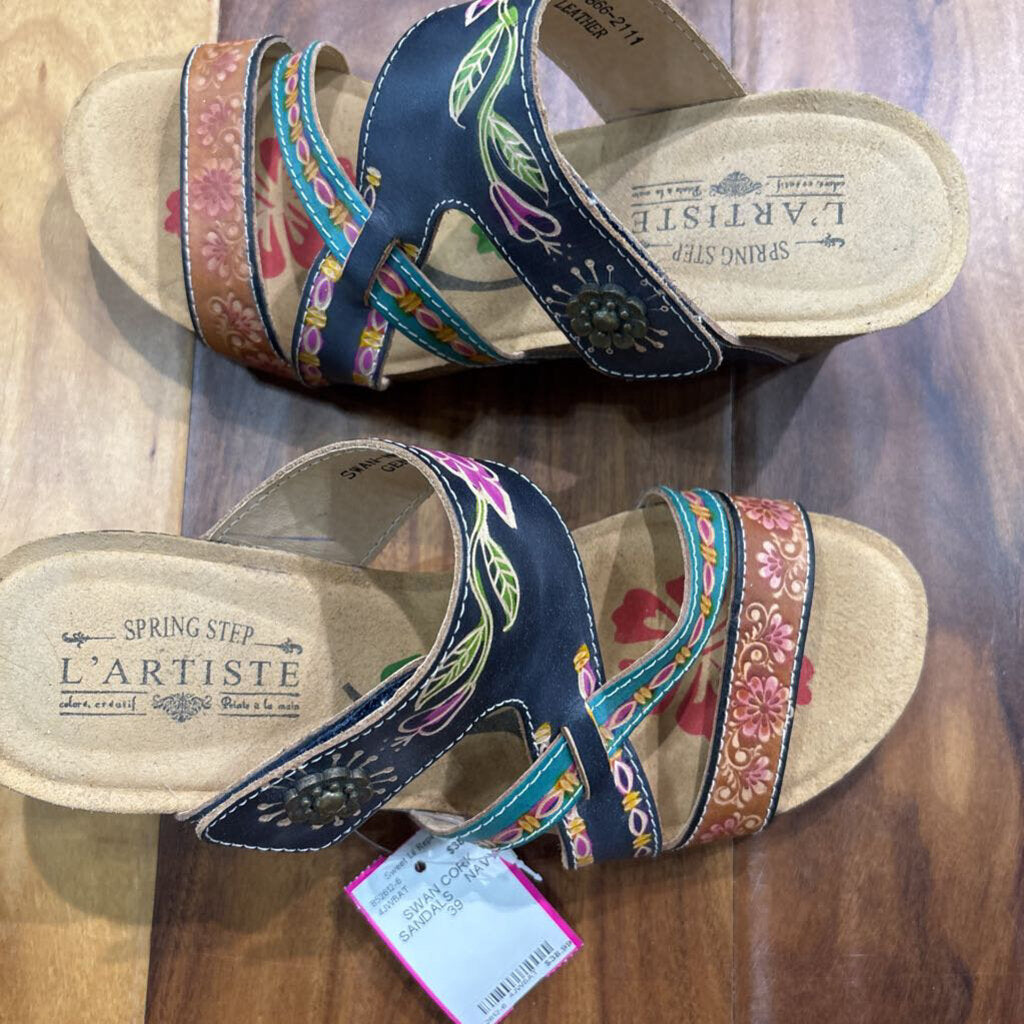 L'ARTISTE,SWAN CORK SANDALS , NAVY,39