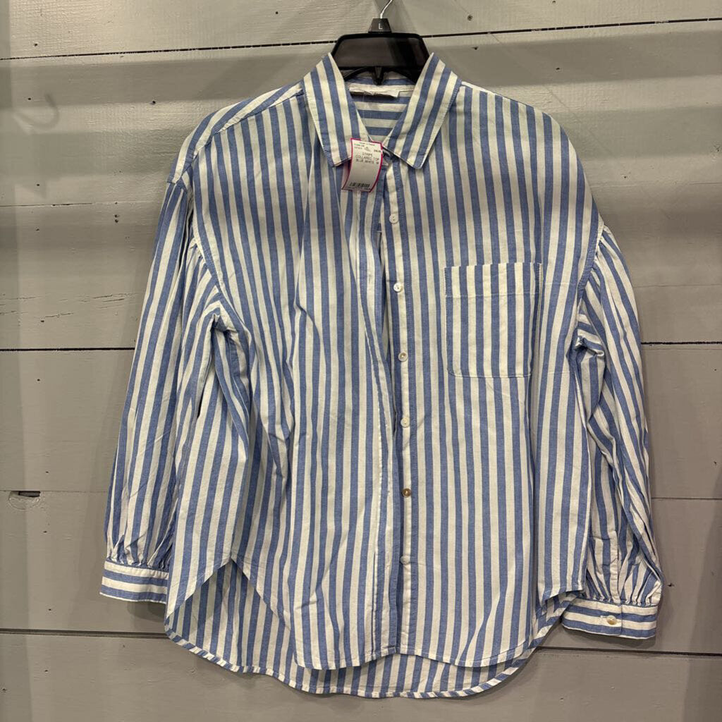 OLIVACEOUS,STRIPE COLLARED TOP ,BLUE WHITE ,M
