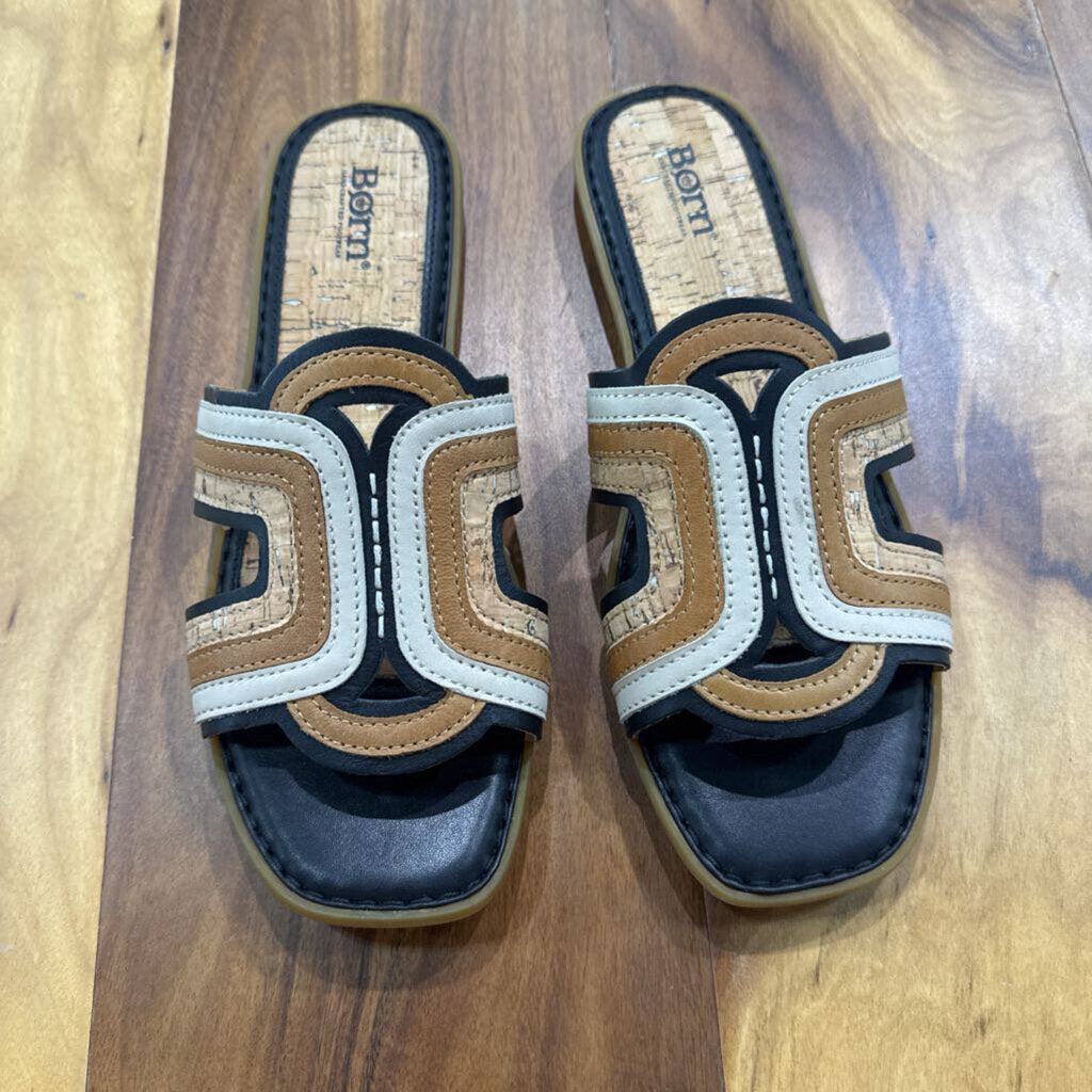BORN,NEW LEATHER SANDAL ,CAMEL BLK ,10