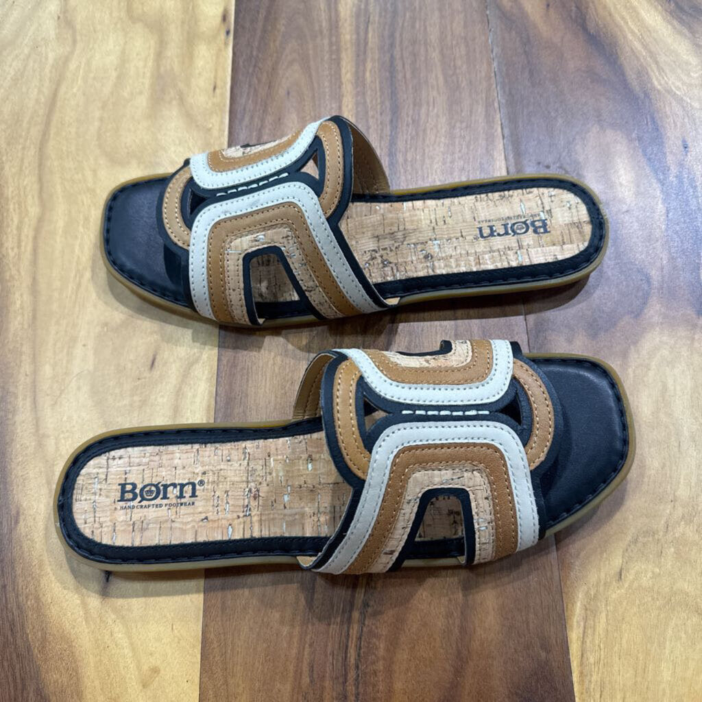 BORN,NEW LEATHER SANDAL ,CAMEL BLK ,10