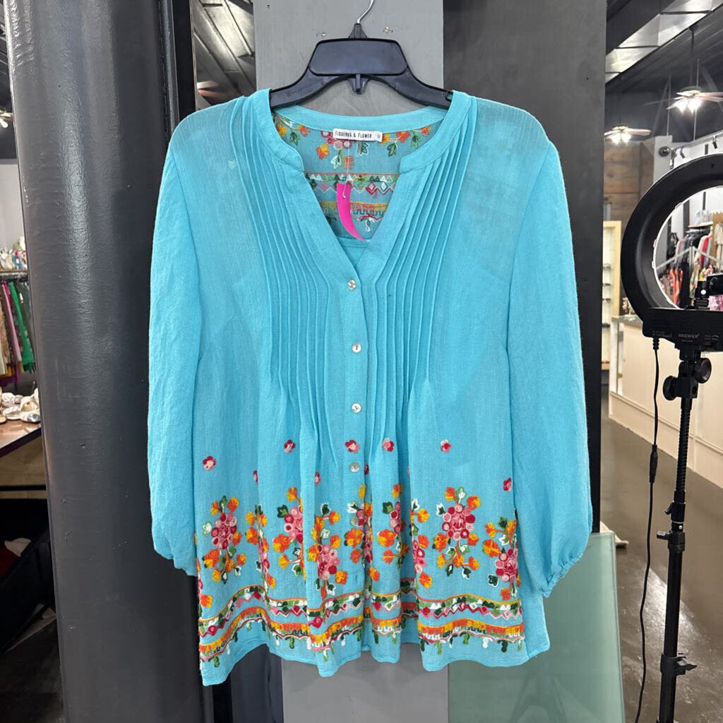 FIGUEROA & FLOWER,SHEER TOP W/ BORDER FLOWERS,TURQ,M