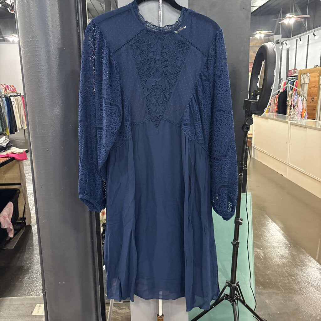 SUNDANCE,NWT L/S LACE COTTON DRESS,NAVY ,S