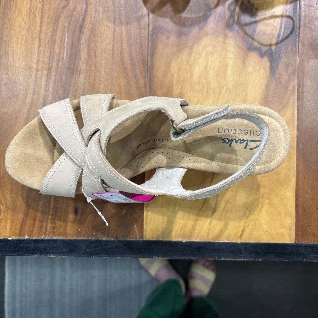 CLARK'S,SEUDE WEDGE CORK SANDAL ,TAN ,8 1/2