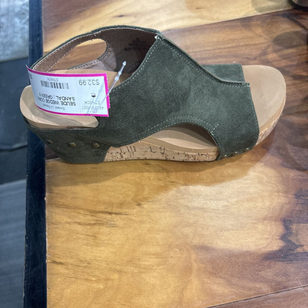 BOUTIQUE BY CORKY,SEUDE WEDGE CORK SANDAL ;,GREEN,8