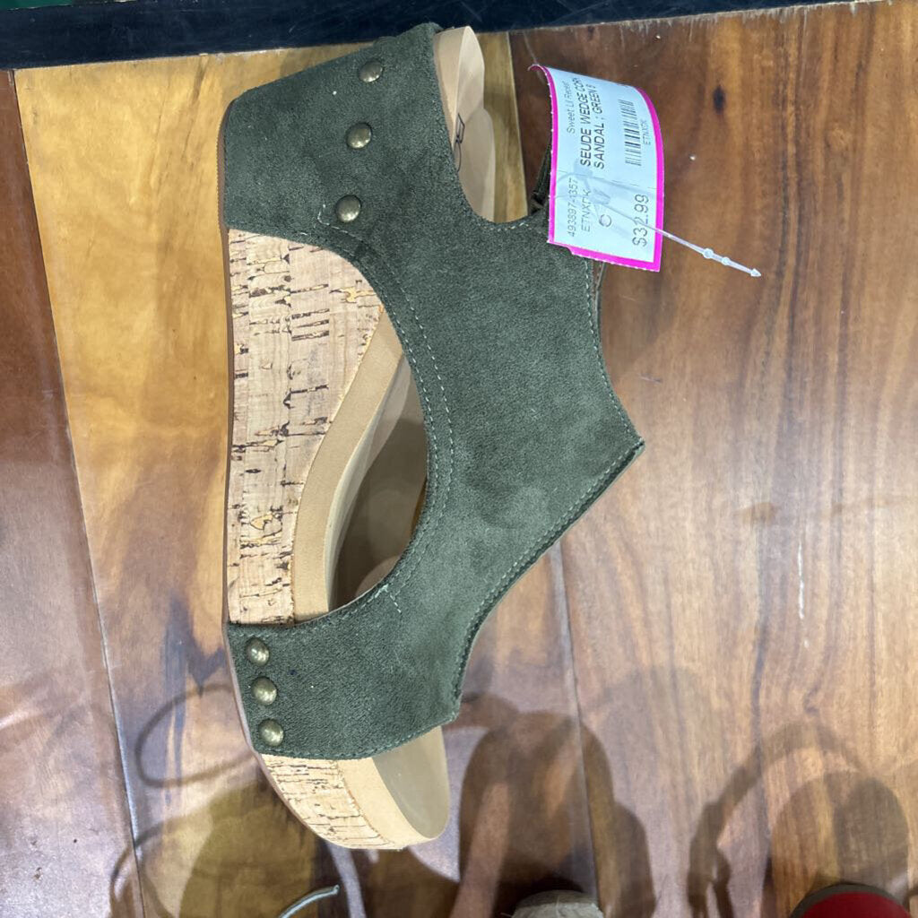BOUTIQUE BY CORKY,SEUDE WEDGE CORK SANDAL ;,GREEN,8