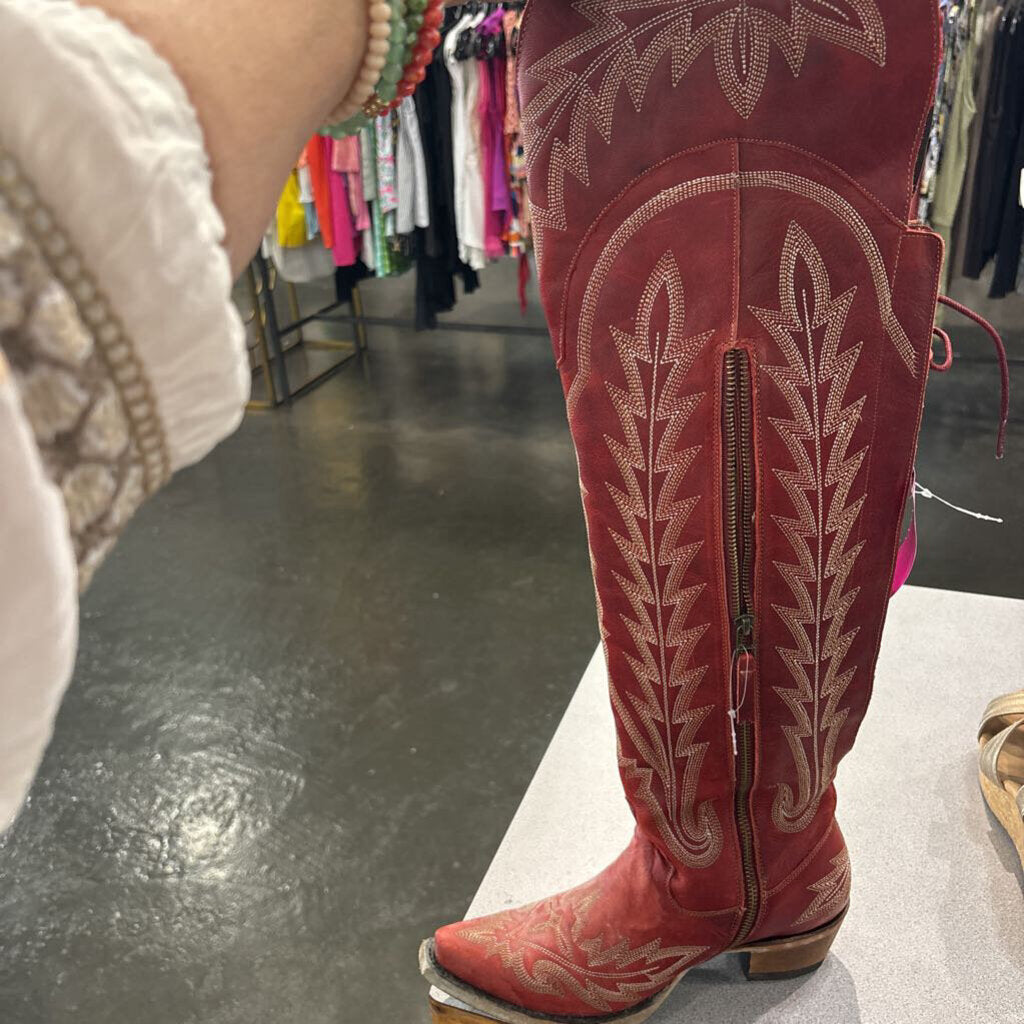 LANE,OVER THE KNEE COWBOY BOOTS ,RED,8.E