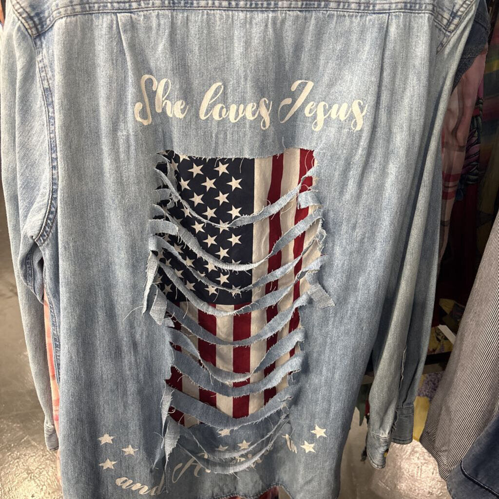 DENIM SHIRT W/ FLAG,GREEN