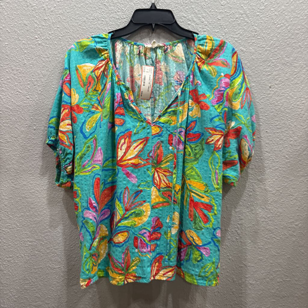 EASEL,FLORAL TOP ,TURQ,M