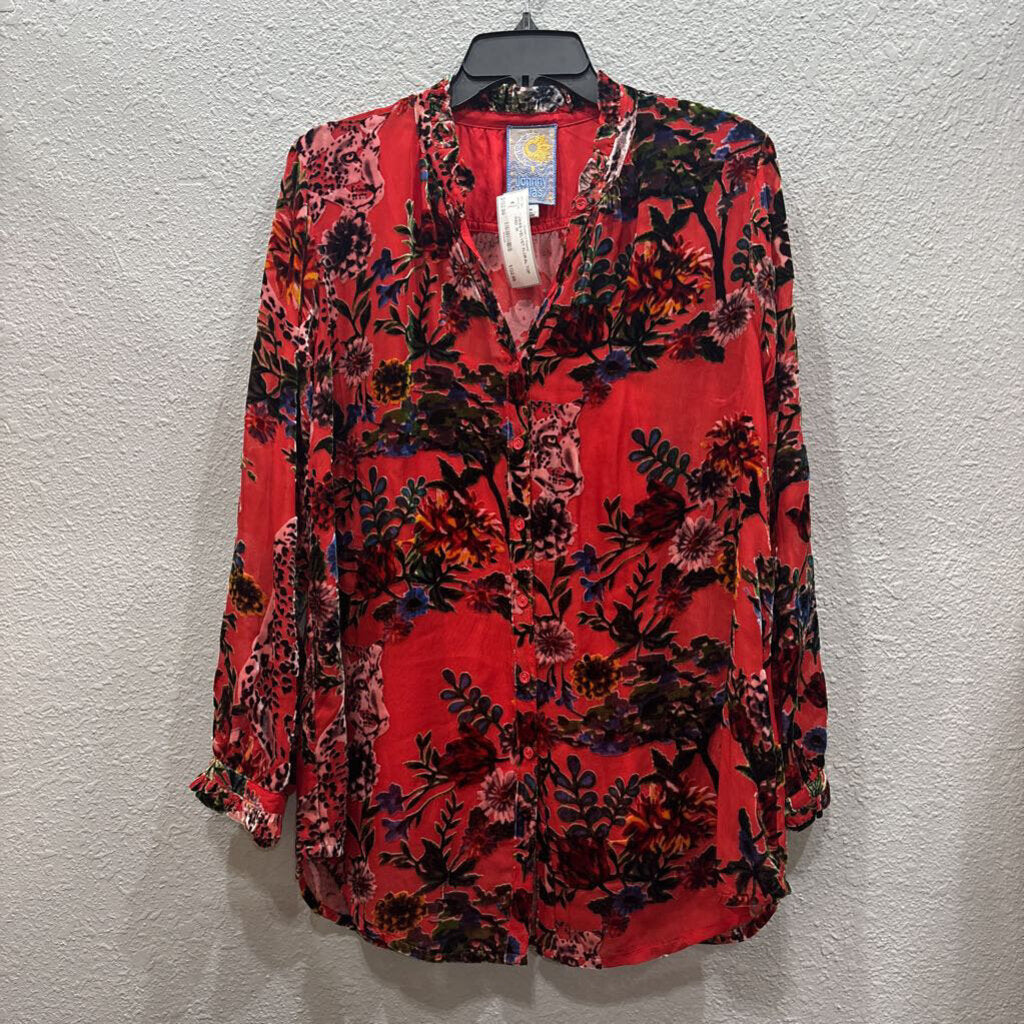 JOHNNY WAS,JWAS VELVET FLORAL TOP ,RED ,M