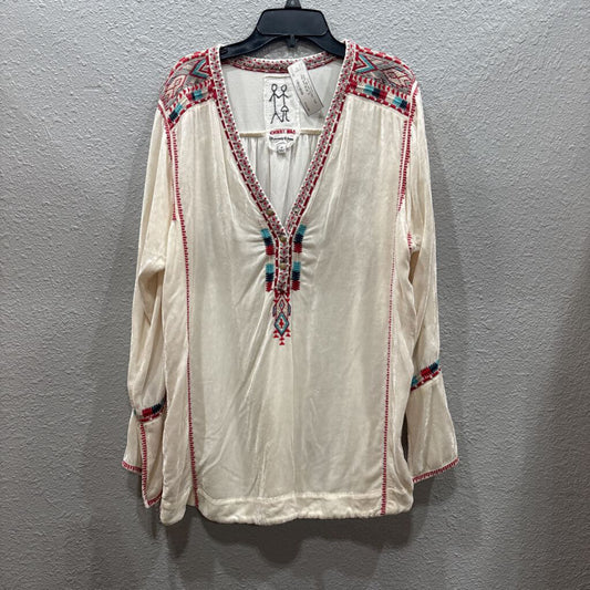 JOHNNY WAS,JWAS VELVET AZTEC TOP ,RED WHT BLUE ,M