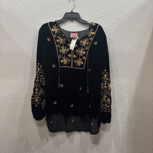 JOHNNY WAS,JWAS VELVET PATTERNED TASSLE TOP ,GOLD BLK ,L