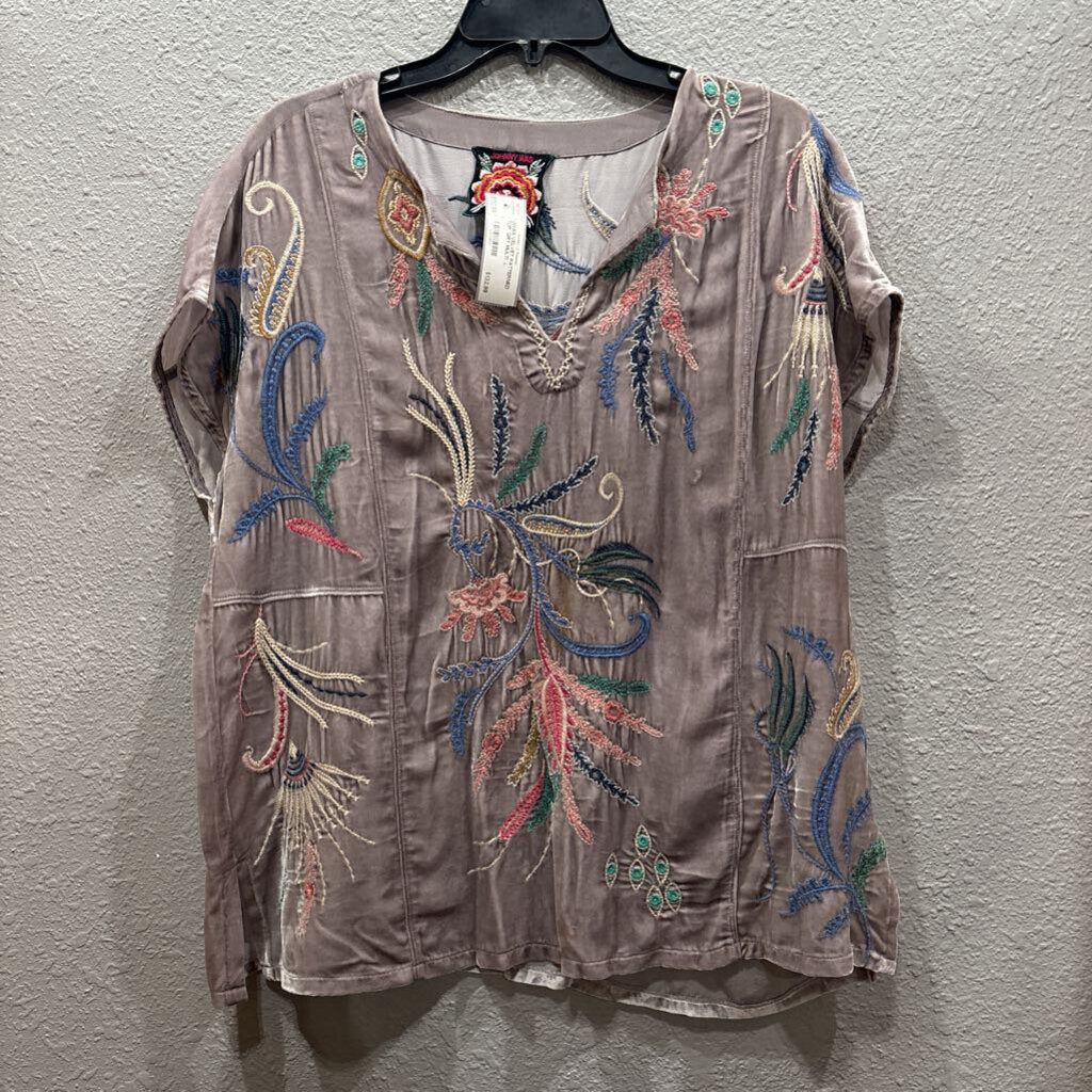 JOHNNY WAS,JWAS VELVET PATTERNED TOP ,GRY MULTI ,L