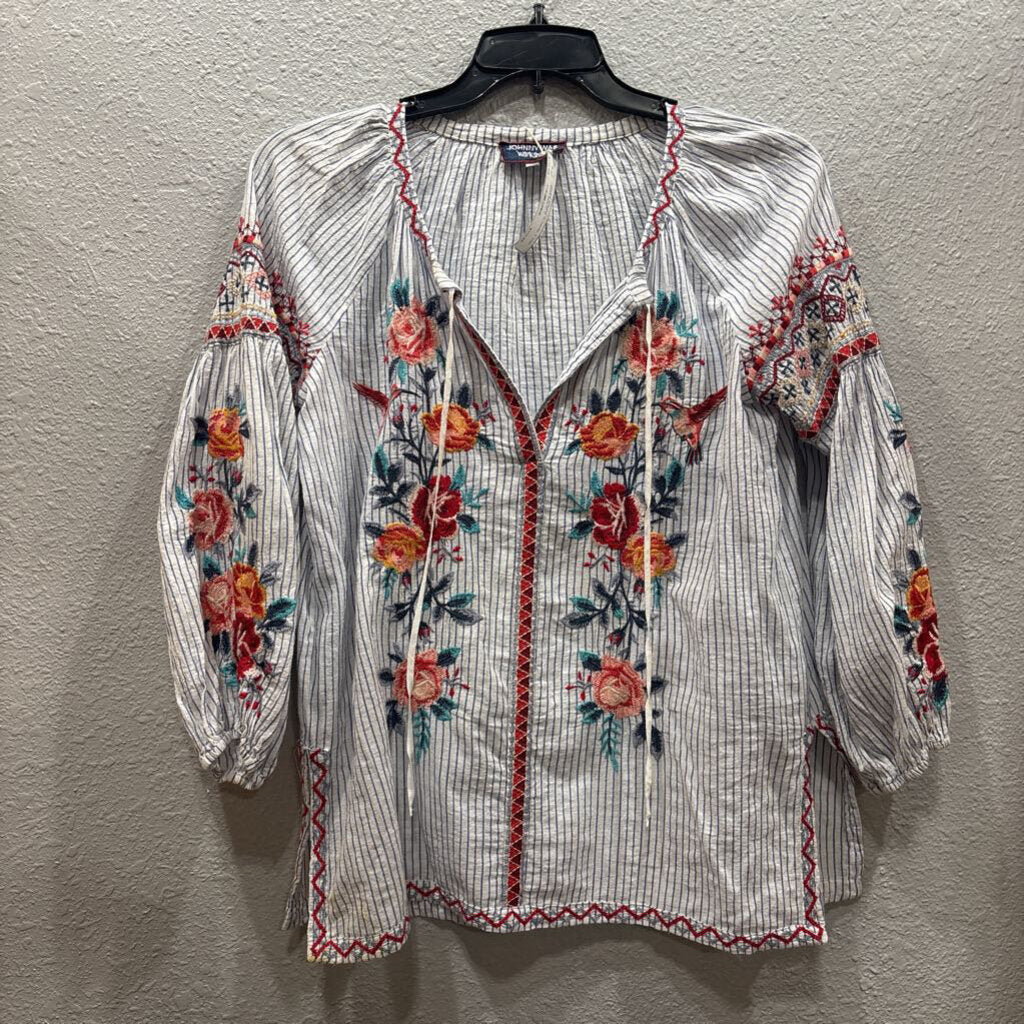 JOHNNY WAS,JWAS STRIPE FLORAL T TOP ,WHT MULTI ,L