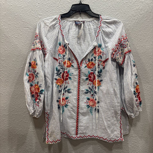 JOHNNY WAS,JWAS STRIPE FLORAL T TOP ,WHT MULTI ,L