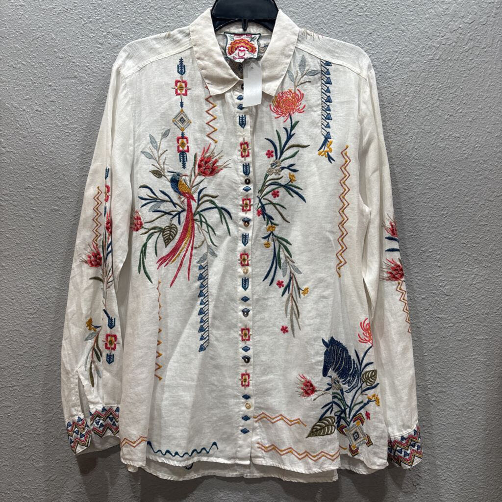 JOHNNY WAS,JWAS LINEN FLORAL BUTTONUP TOP ,WHT MULTI,L