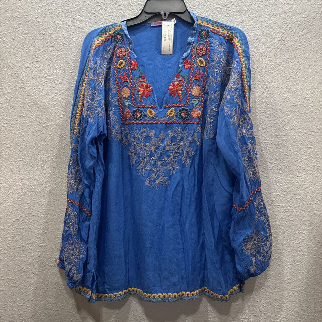 JOHNNY WAS,JWAS SILK LIKE FLORAL TOP,BLUE MULTI,L