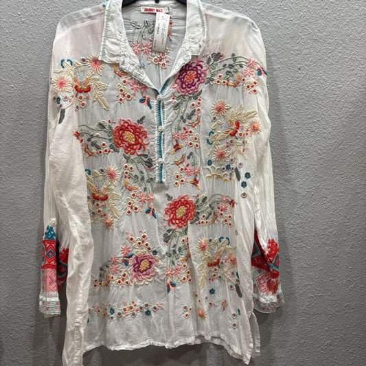 JOHNNY WAS,JWAS SILK LIKE EMBROD TOP , WHT MULTI,L
