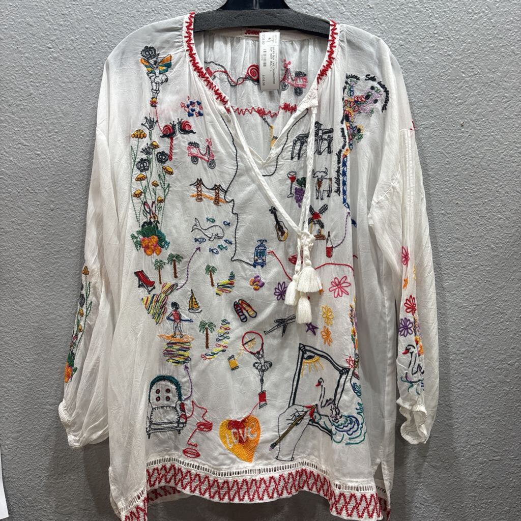 JOHNNY WAS,JWAS SILK LIKE CHARACTER TOP ,WHT MULTI ,L